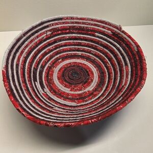 Fabric Coiled Rope Basket Handmade Storage Red Black Grey 11" Wide 3" High
